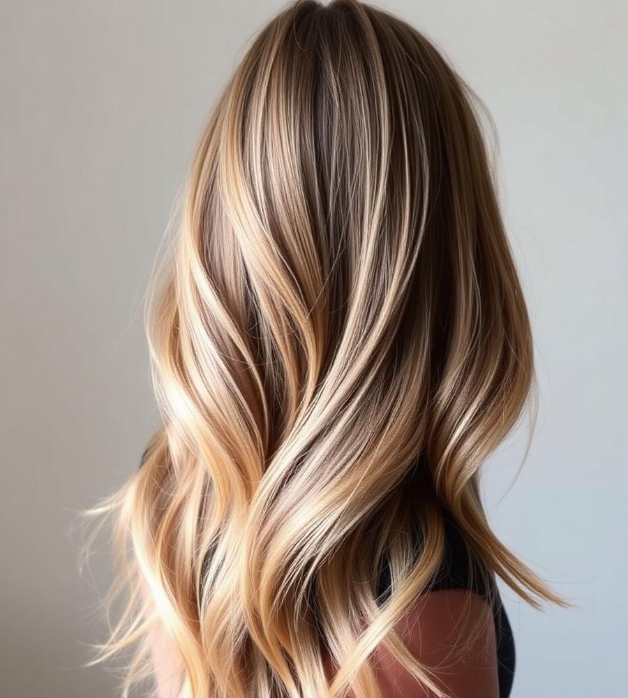 Long layered hair with soft, sun-kissed balayage