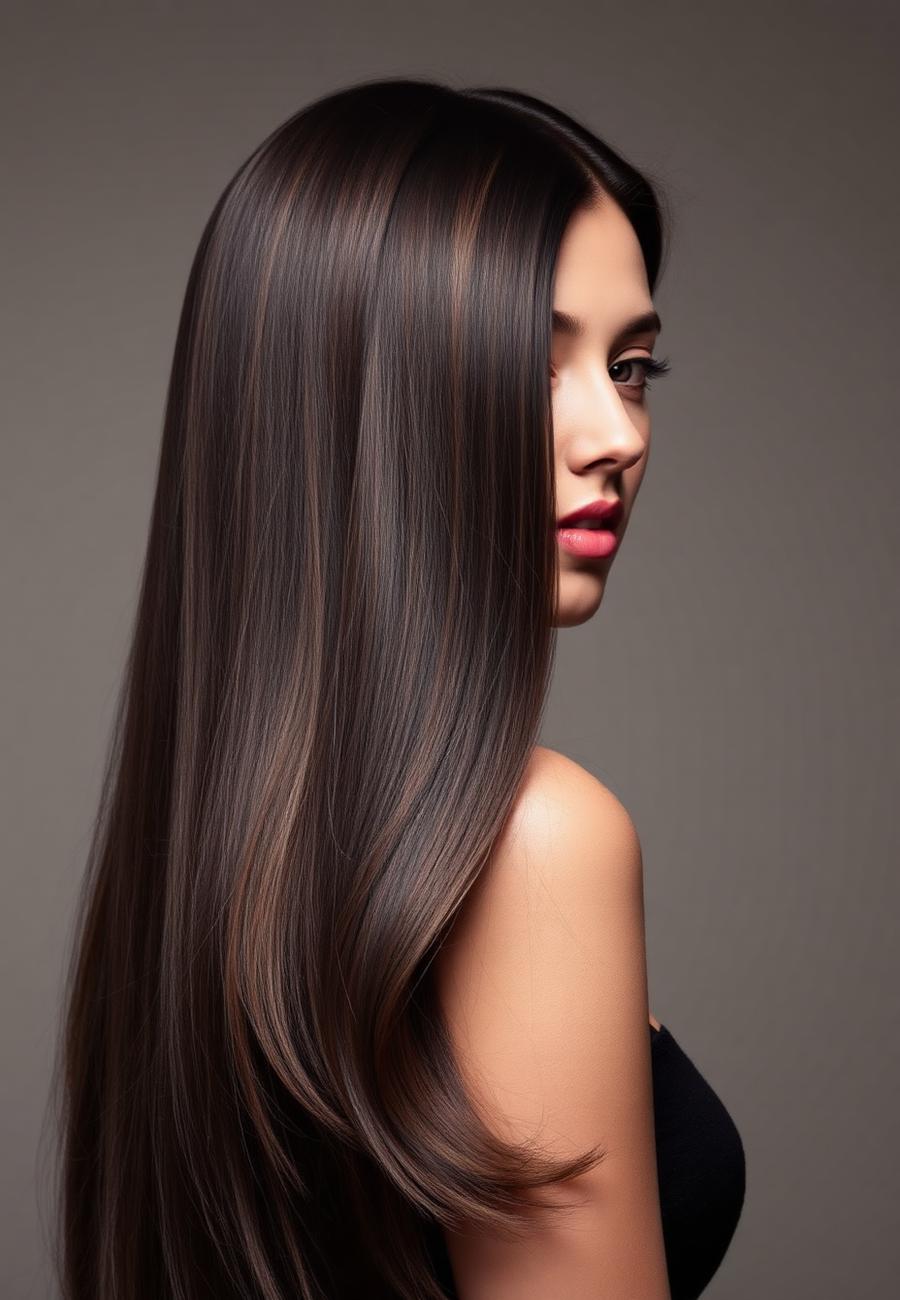 Dimensional brunette colour on long, glossy hair