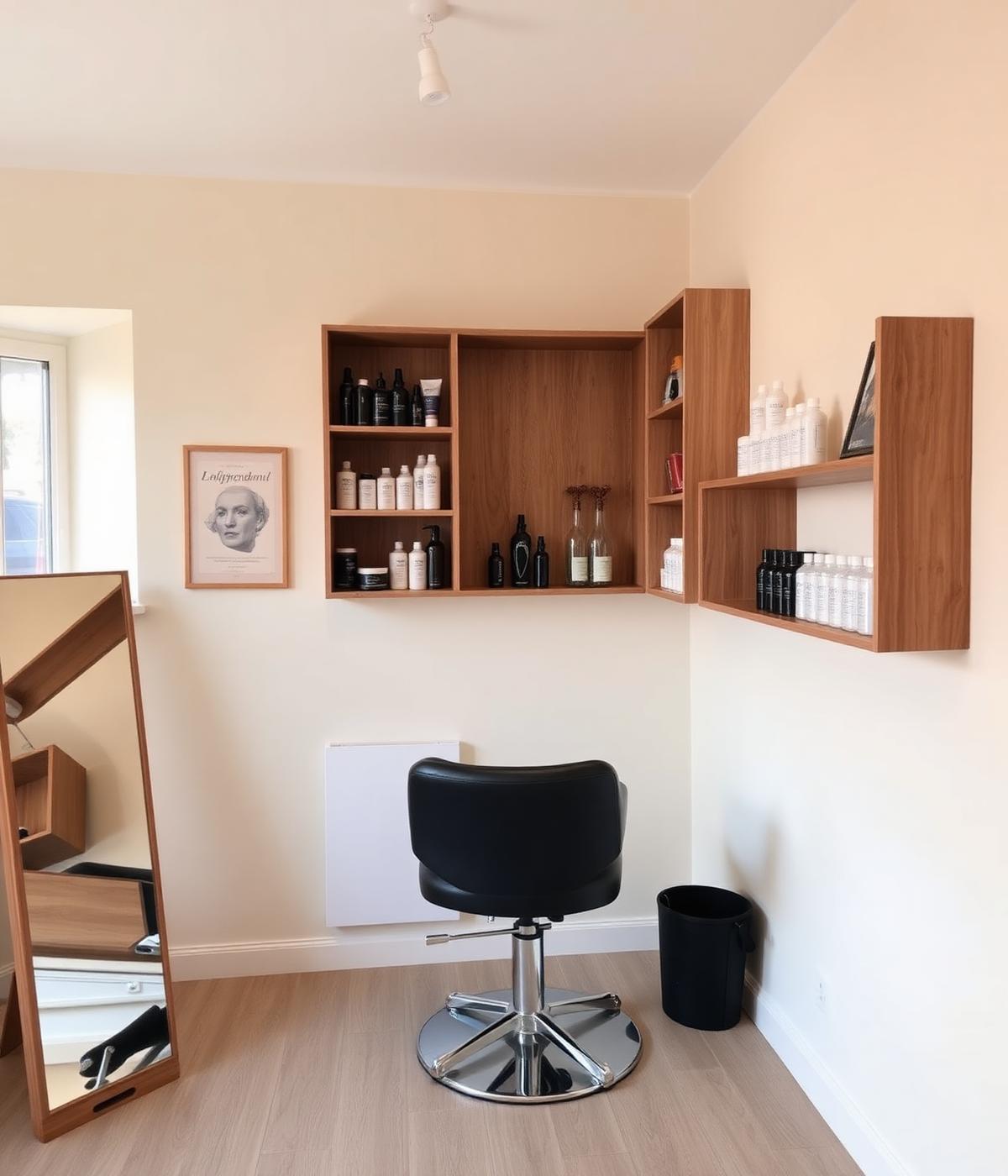 Styling station and product shelving inside the Melrose salon